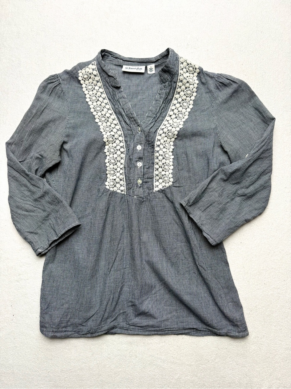 St. John's Bay Blue Blouse with White Crochet Trim